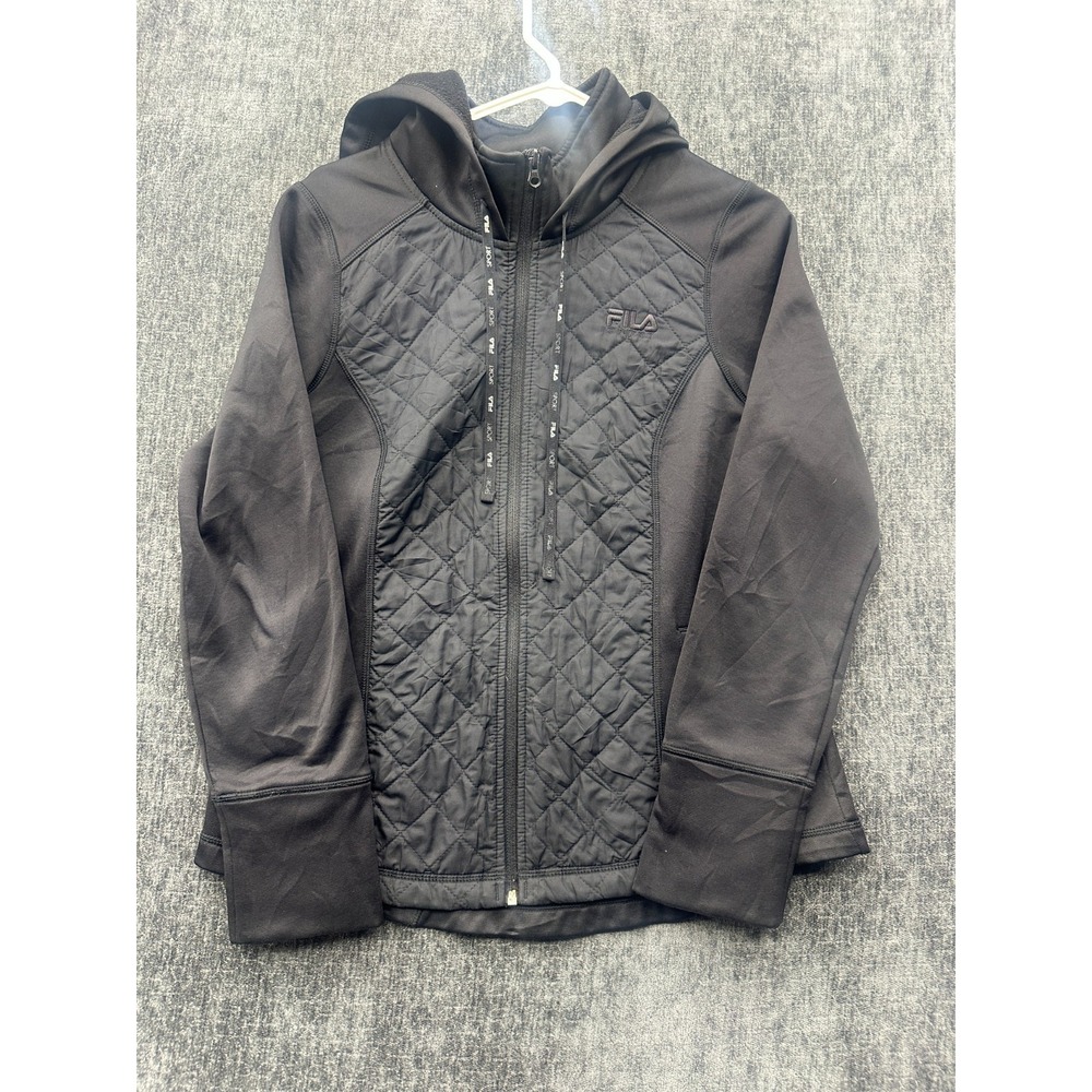Fila‎ Sport Quilted Jacket Womens Medium Black Fleece Lined Logo Hooded Full Zip